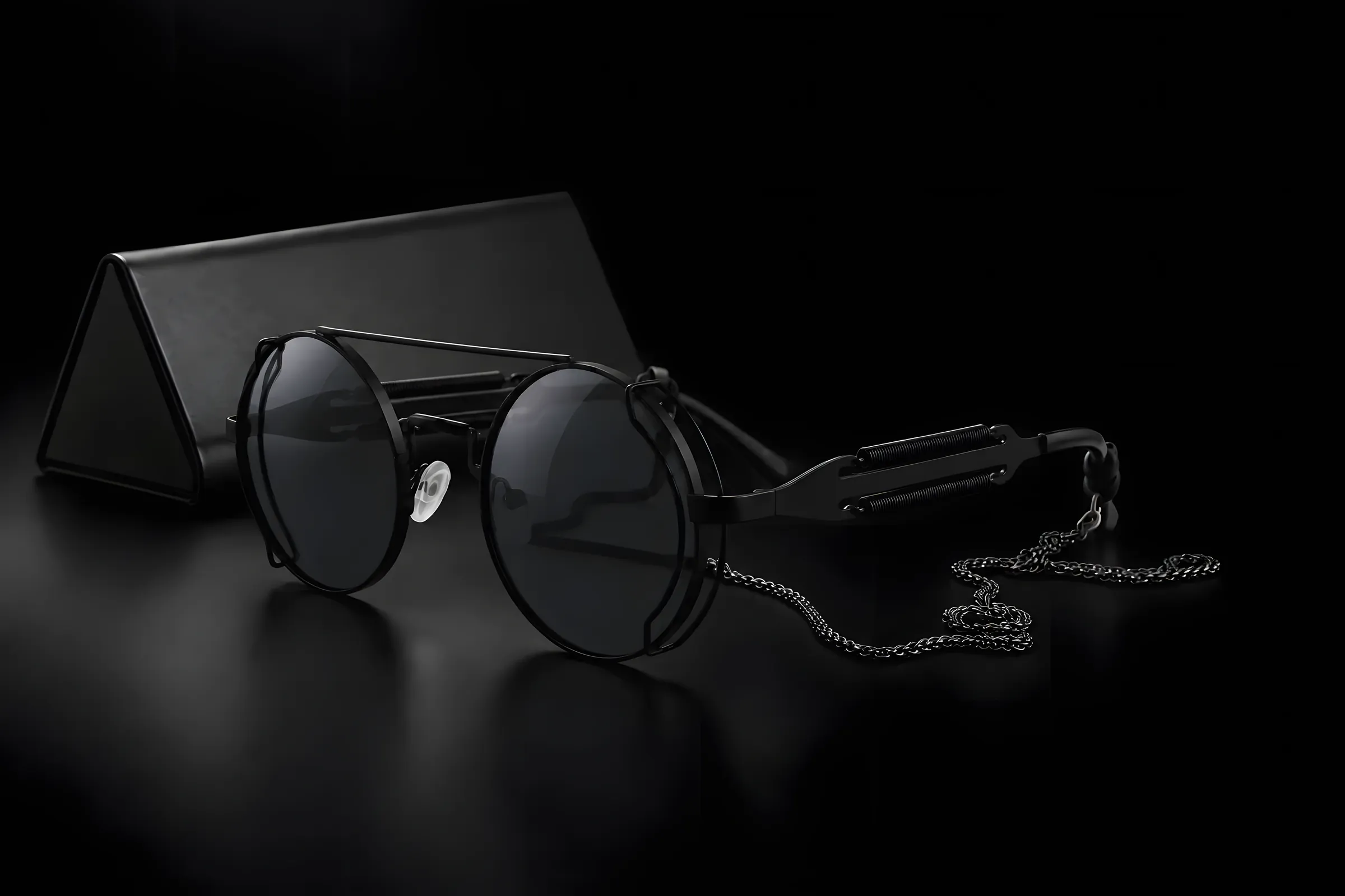 STEAM sunglasses with a chain beside the black folding case